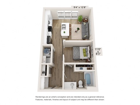 Floor plan for 1 bed, 1 bath, 584 sqft